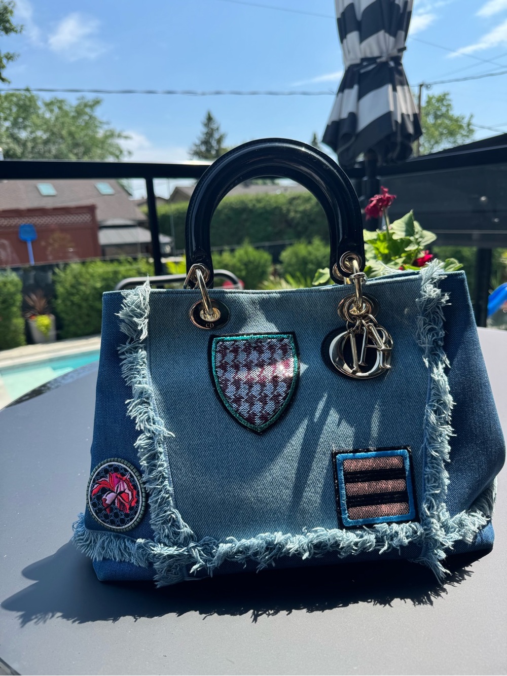 Dior Denim Satchel with Patch Details - Blue and Black